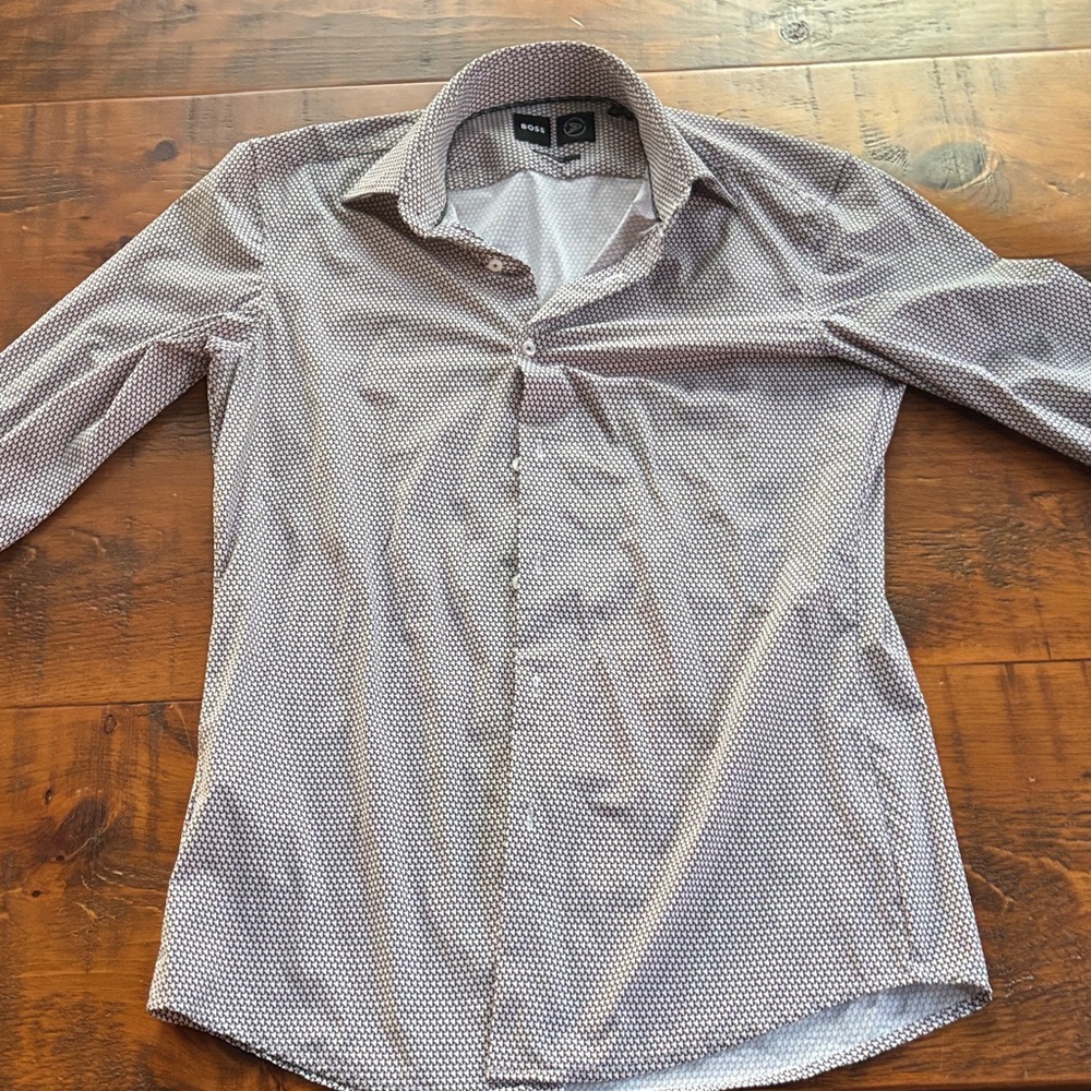 Hugo Boss Men's Micro-Pattern Dress Shirt in Gray, Maroon and White